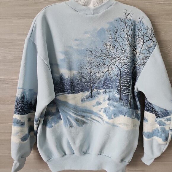 Vtg 80s 90s All Over Print Winter Wonderland Nature Sweatshirt Art Graphic XL - Picture 3 of 14